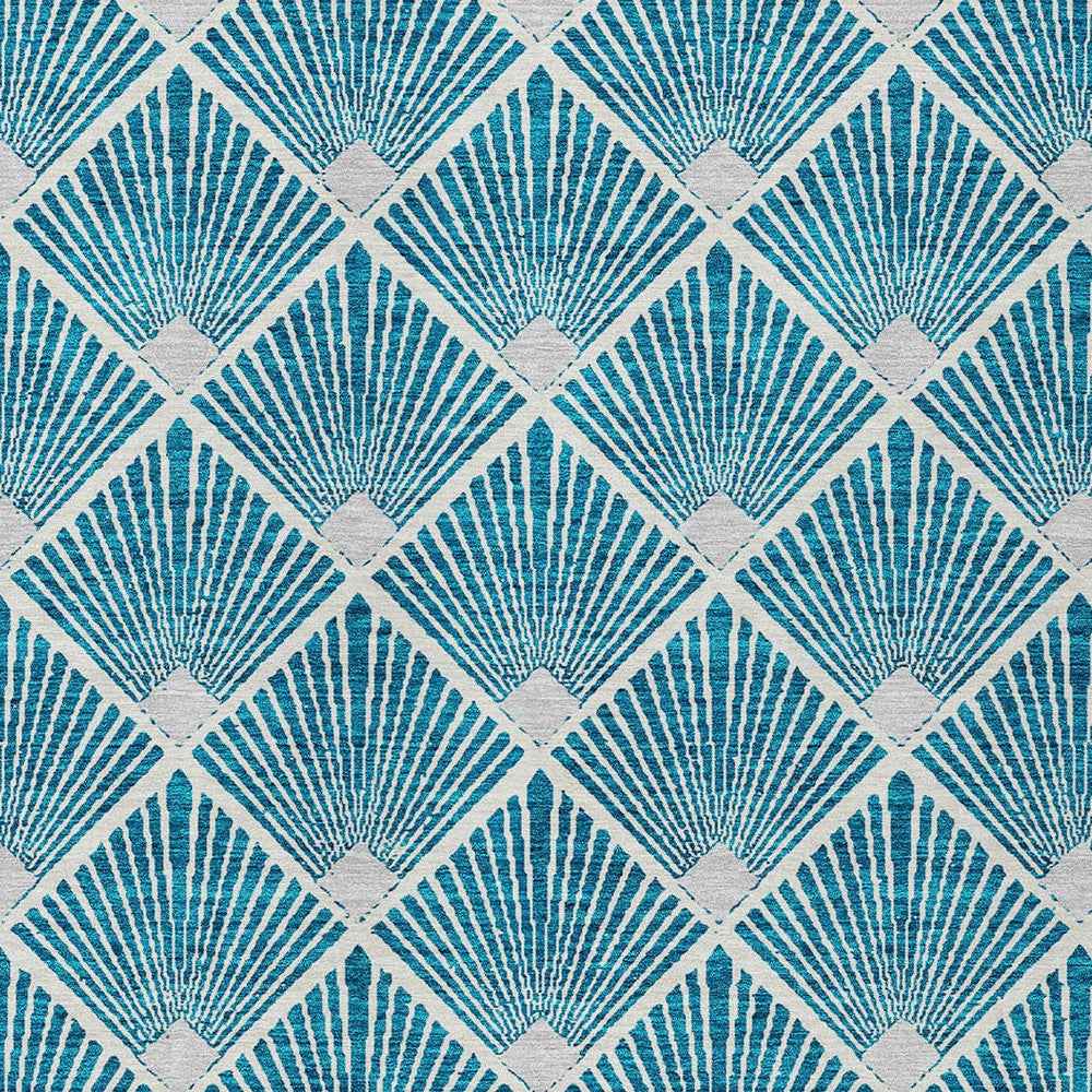8' X 10' Teal Blue And Ivory Geometric Washable Indoor Outdoor Area Rug