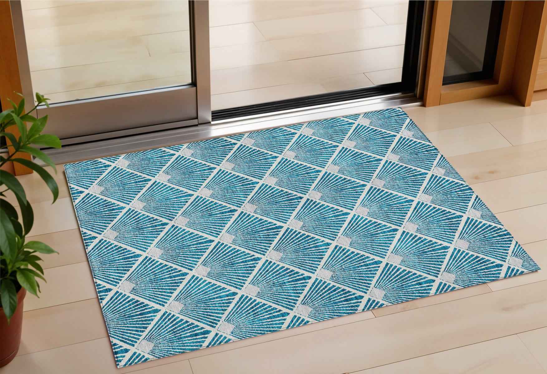 3' X 5' Teal Blue And Ivory Geometric Washable Indoor Outdoor Area Rug