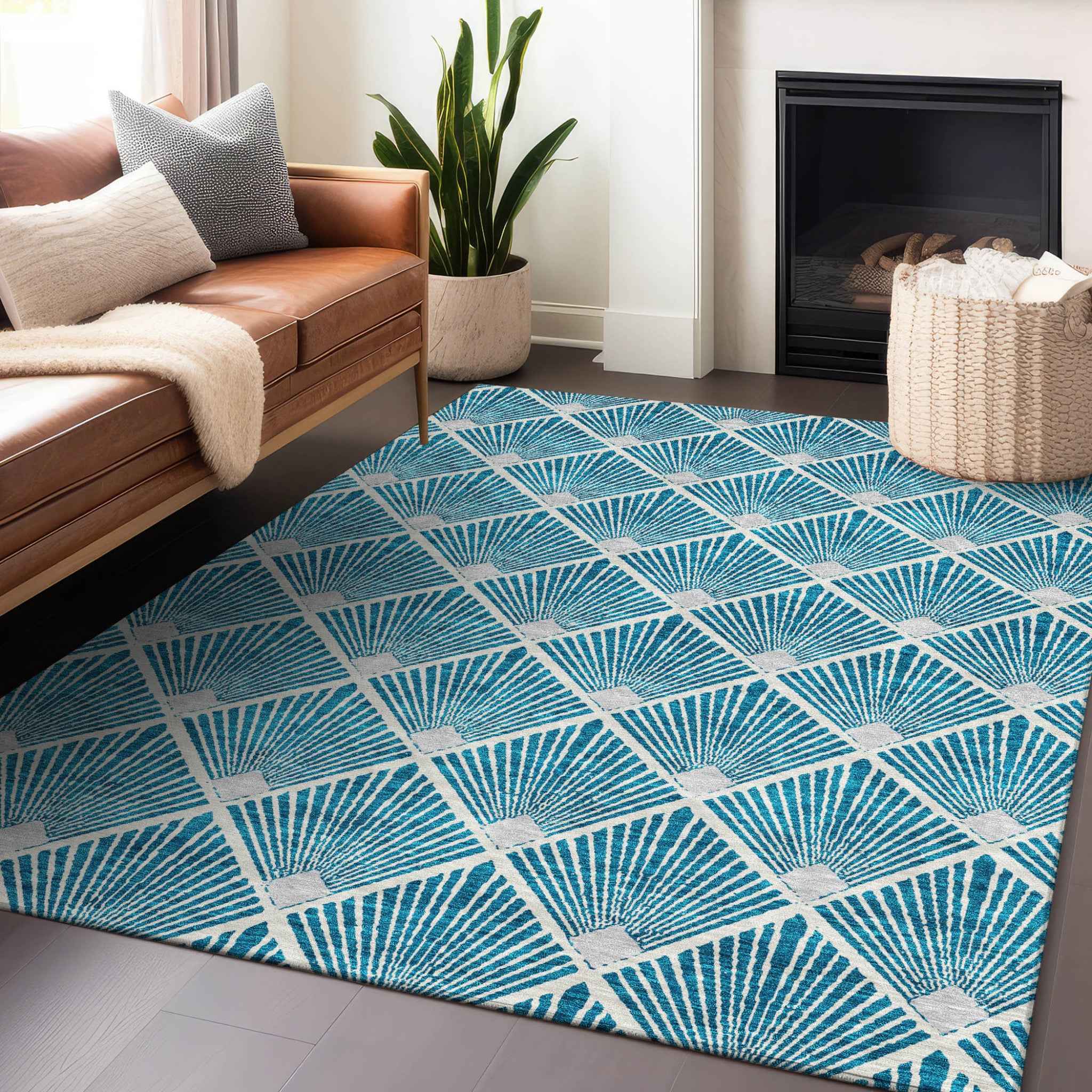 3' X 5' Teal Blue And Ivory Geometric Washable Indoor Outdoor Area Rug