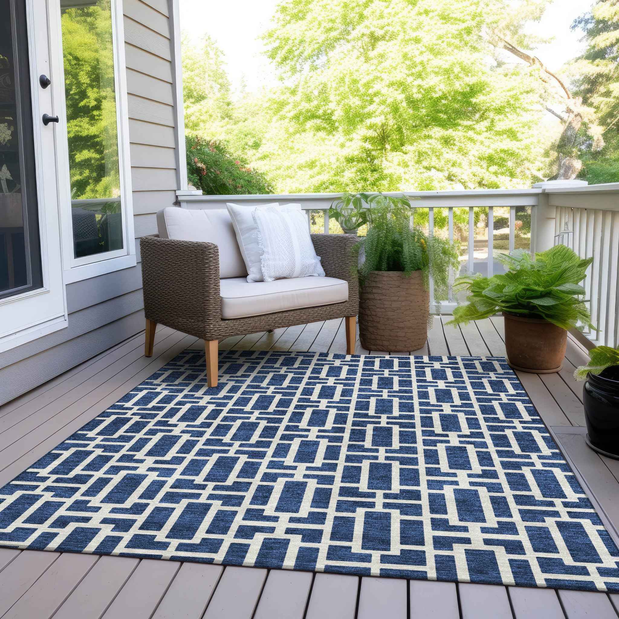 9' X 12' Navy Blue And Ivory Geometric Washable Indoor Outdoor Area Rug