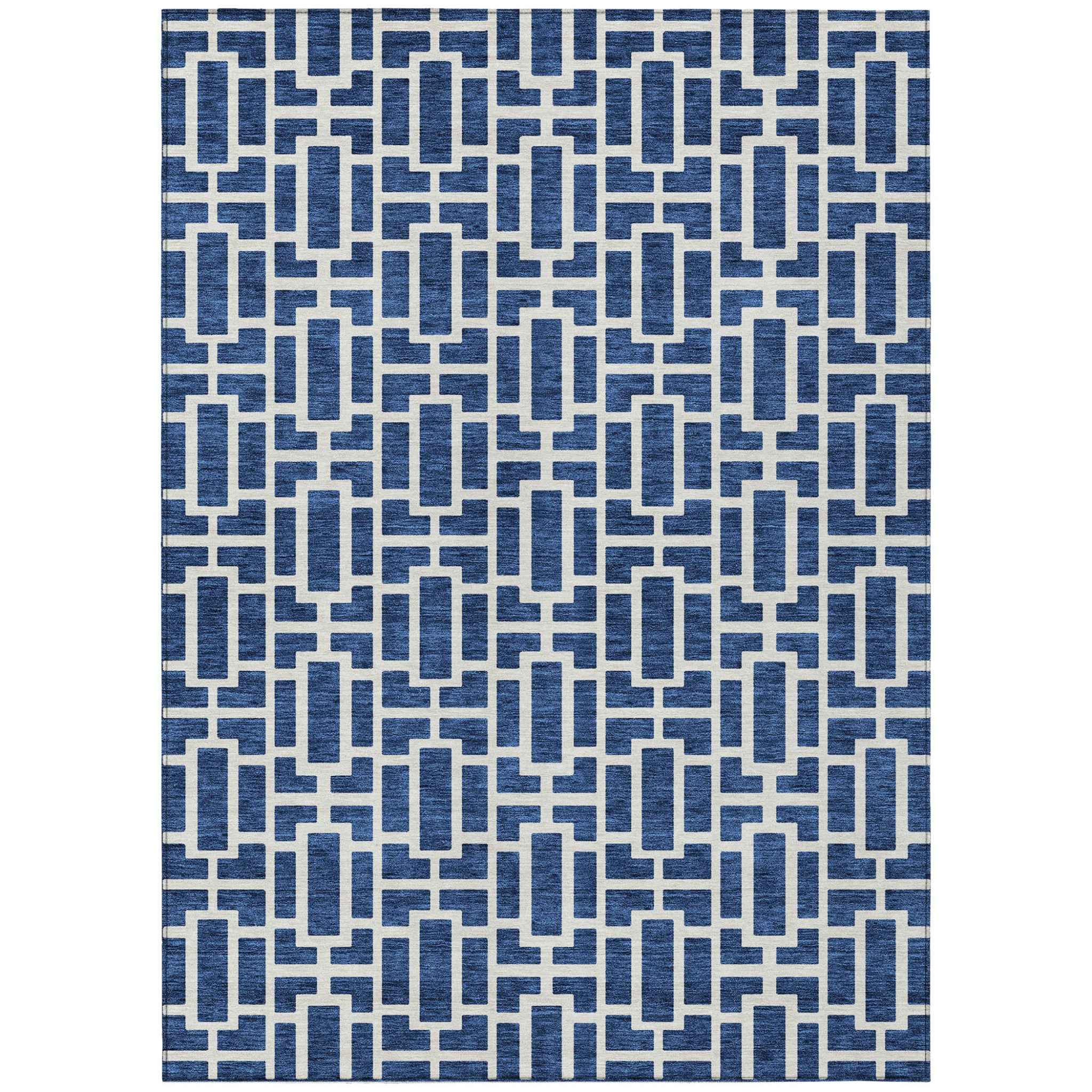 9' X 12' Navy Blue And Ivory Geometric Washable Indoor Outdoor Area Rug
