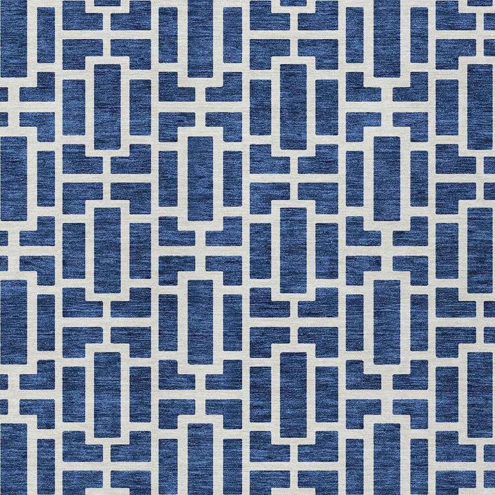 9' X 12' Navy Blue And Ivory Geometric Washable Indoor Outdoor Area Rug