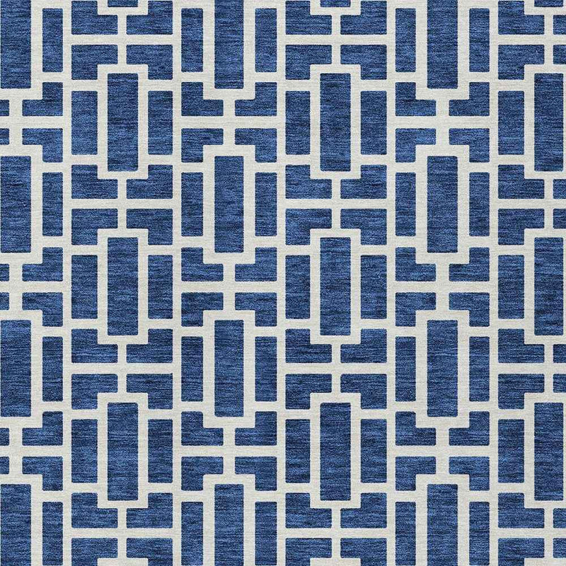 9' X 12' Navy Blue And Ivory Geometric Washable Indoor Outdoor Area Rug