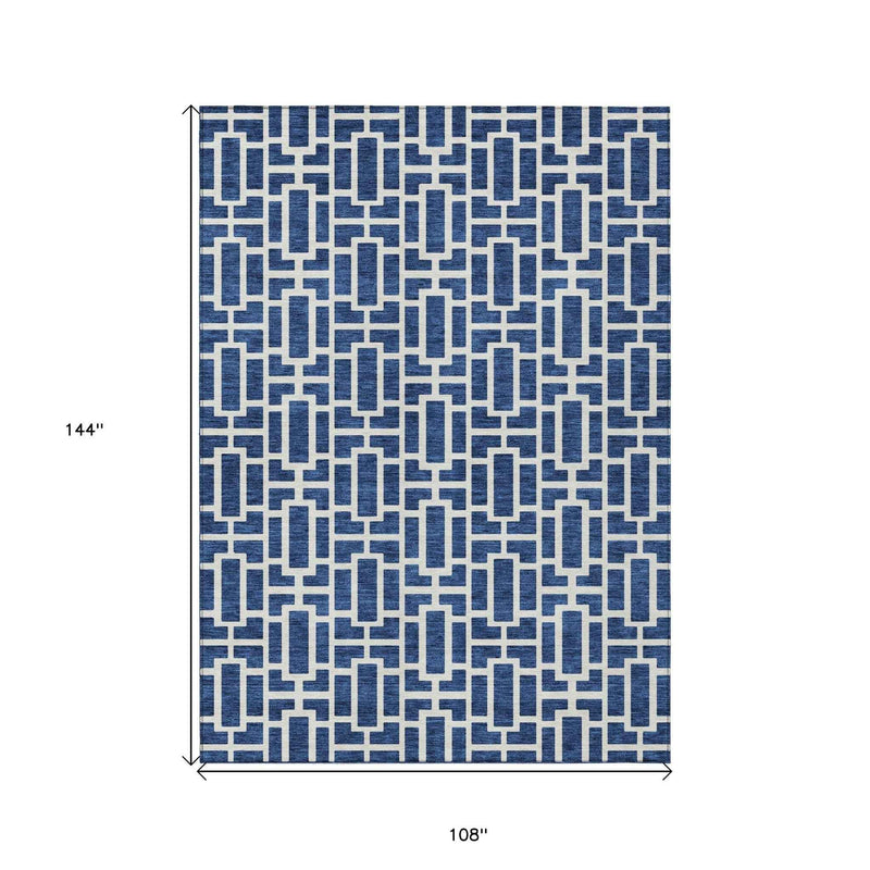 9' X 12' Navy Blue And Ivory Geometric Washable Indoor Outdoor Area Rug