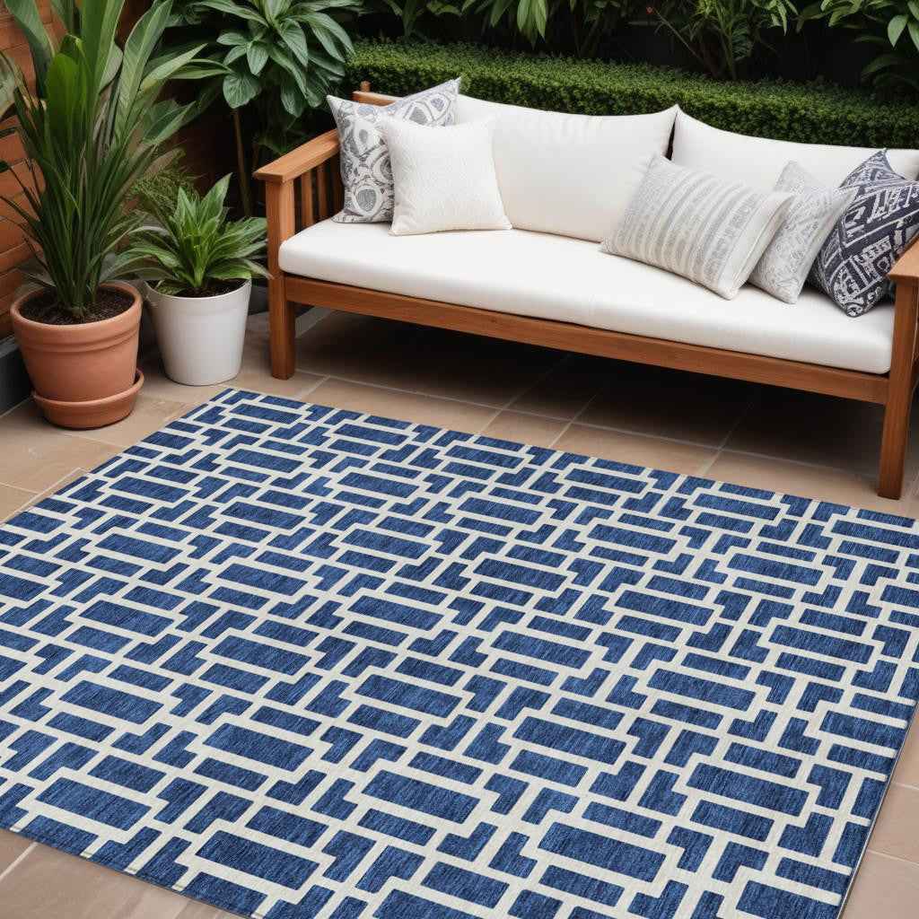 9' X 12' Navy Blue And Ivory Geometric Washable Indoor Outdoor Area Rug