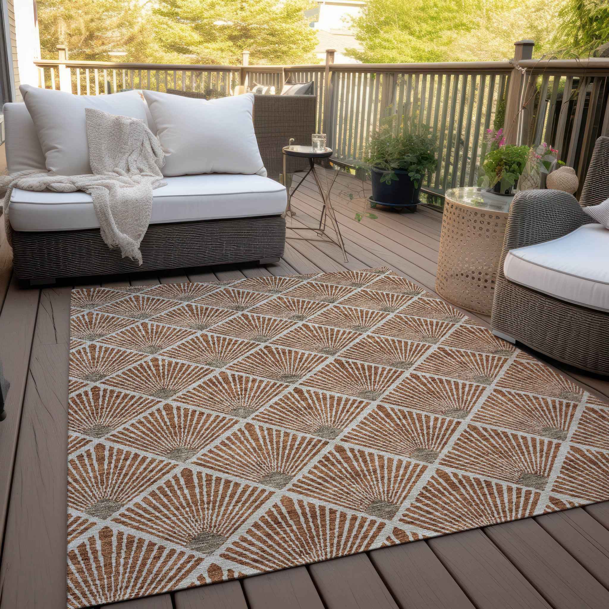 5' X 8' Brown Copper And Beige Geometric Washable Indoor Outdoor Area Rug