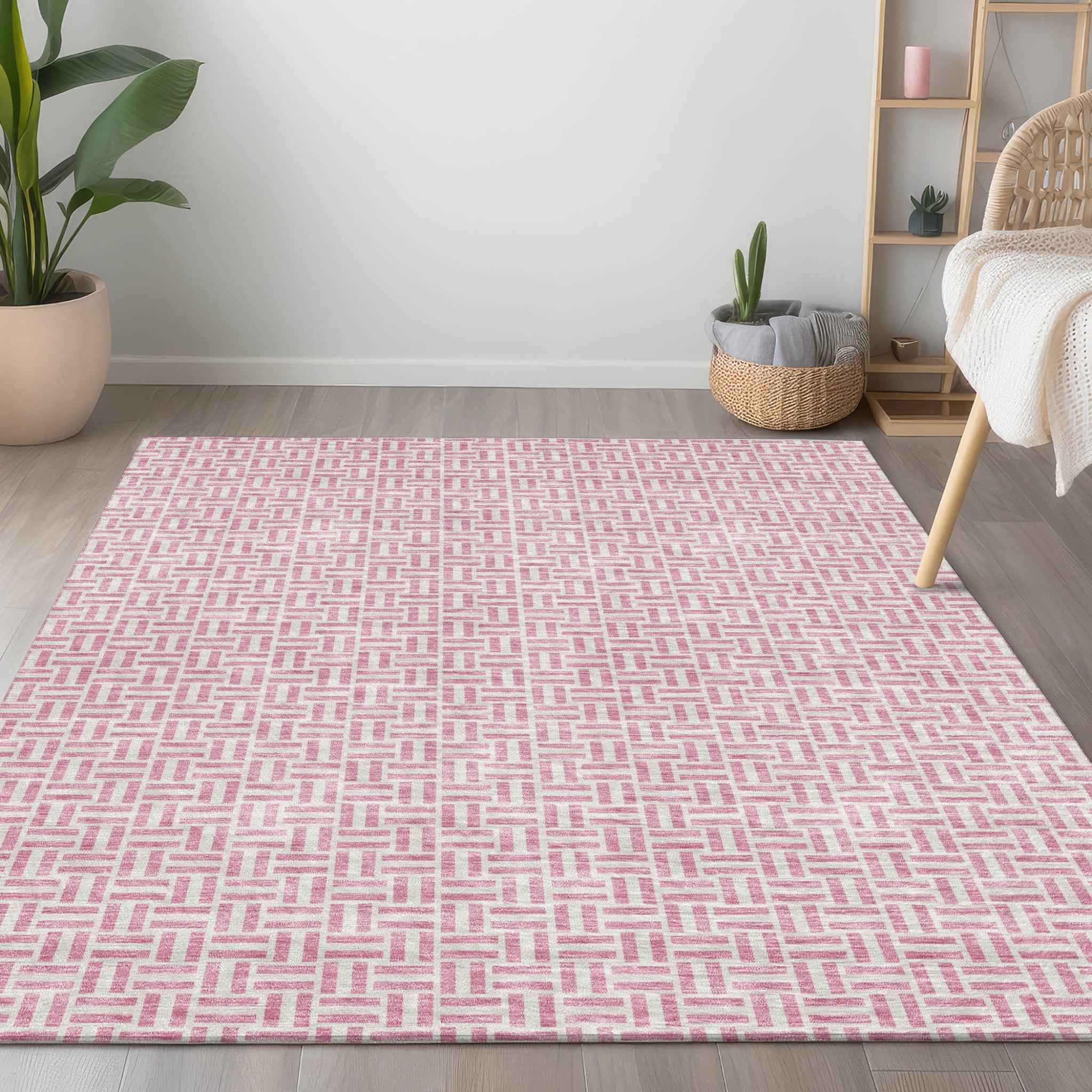8' X 10' Pink And Silver Geometric Washable Indoor Outdoor Area Rug