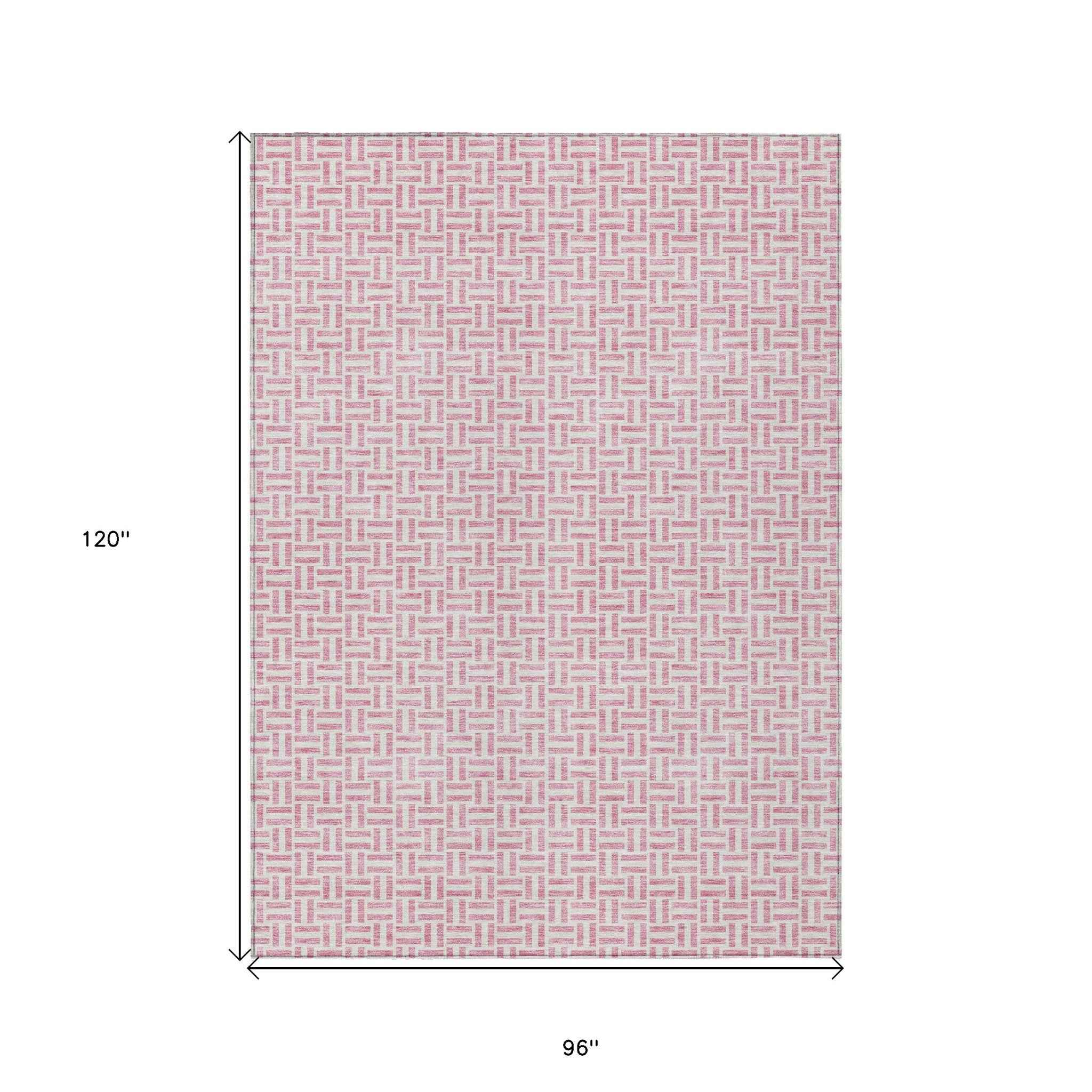 8' X 10' Pink And Silver Geometric Washable Indoor Outdoor Area Rug