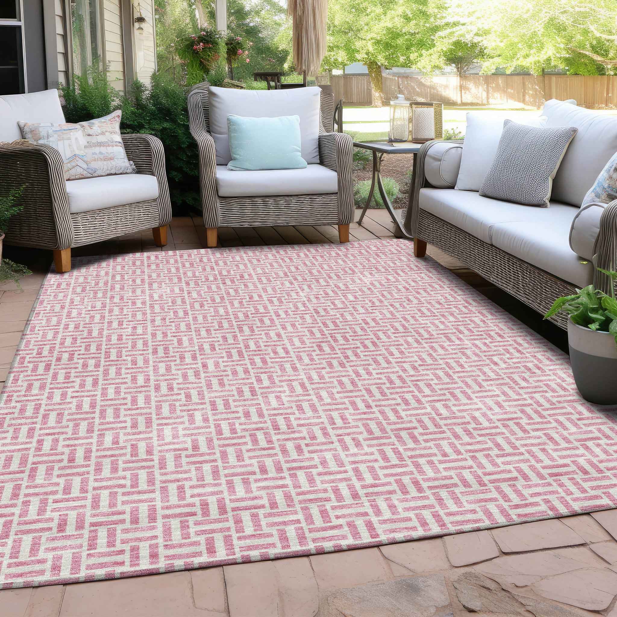 8' X 10' Pink And Silver Geometric Washable Indoor Outdoor Area Rug