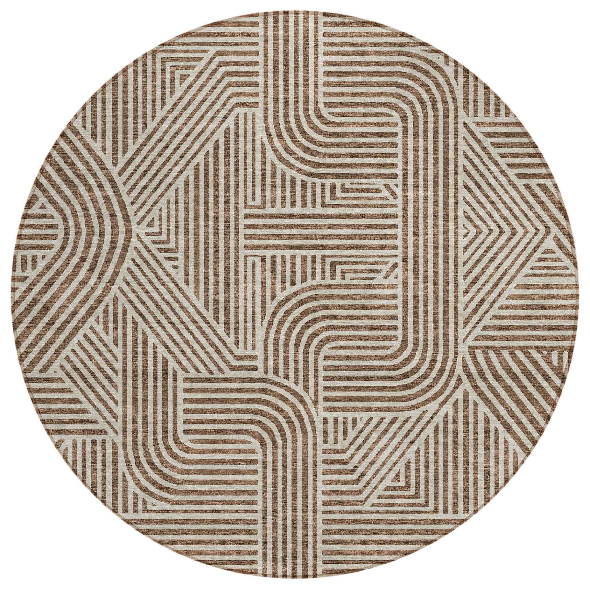 8' Brown And Beige Round Abstract Washable Indoor Outdoor Area Rug