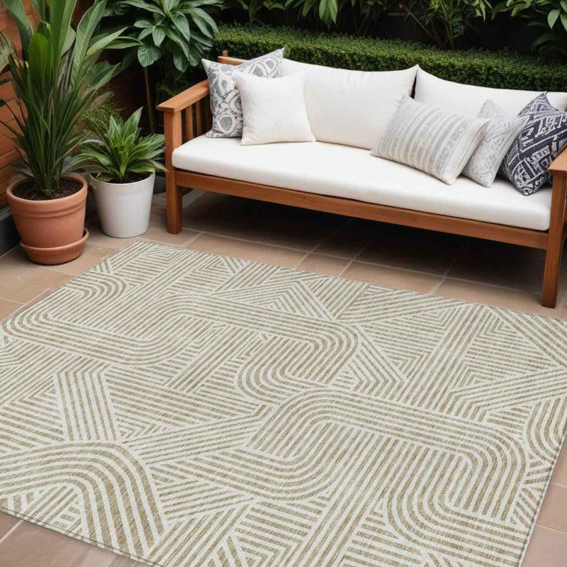 8' X 10' Beige And Brown Abstract Washable Indoor Outdoor Area Rug