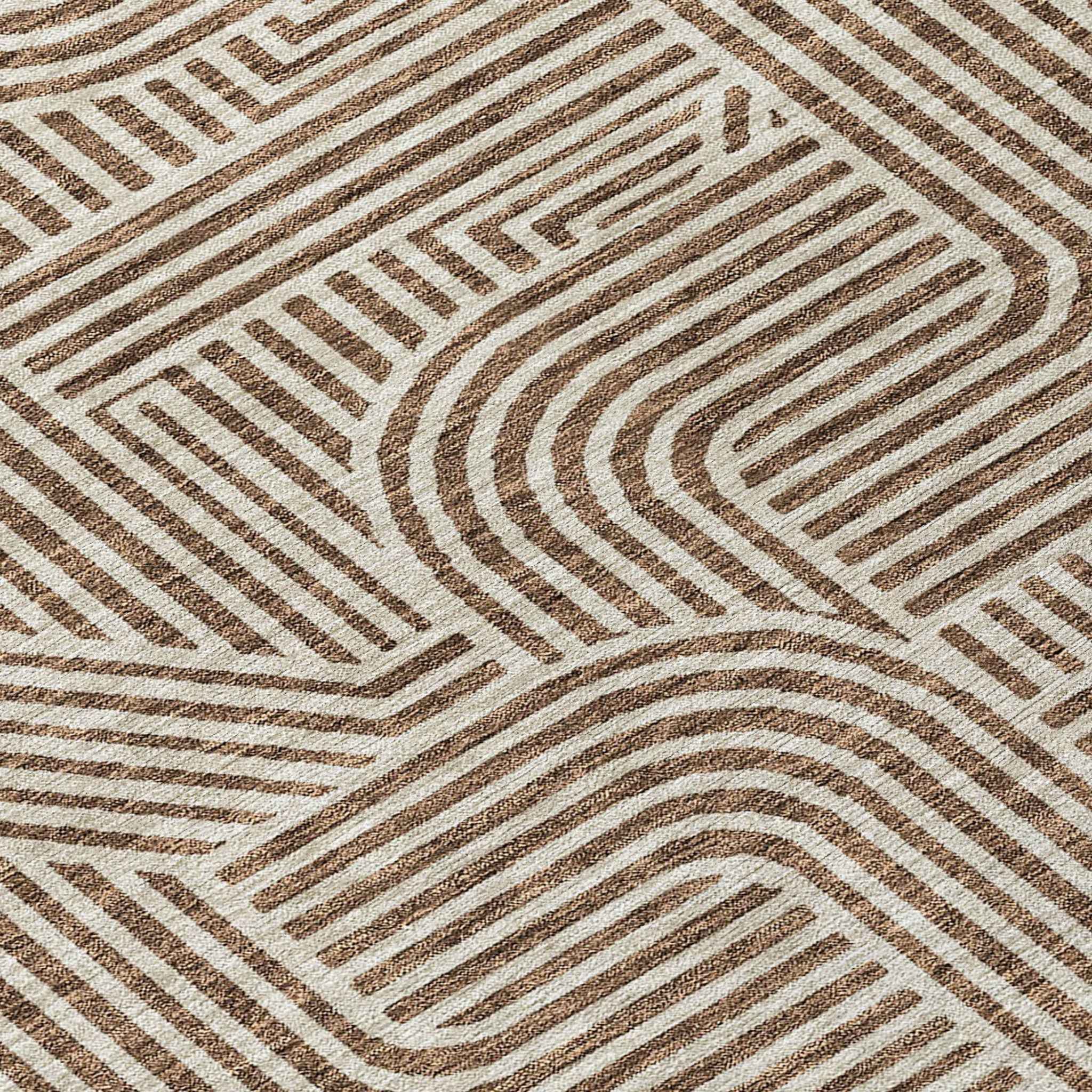 8' Brown And Beige Round Abstract Washable Indoor Outdoor Area Rug