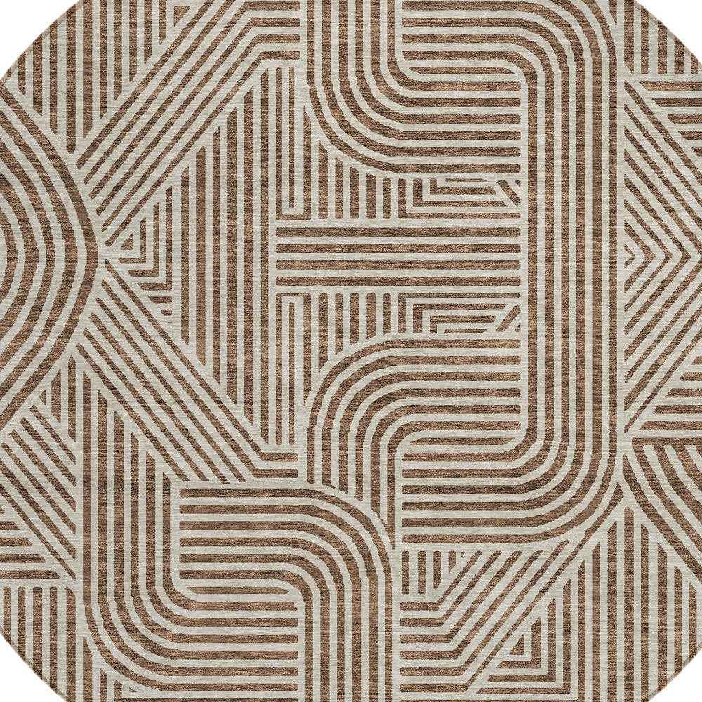 8' Brown And Beige Round Abstract Washable Indoor Outdoor Area Rug