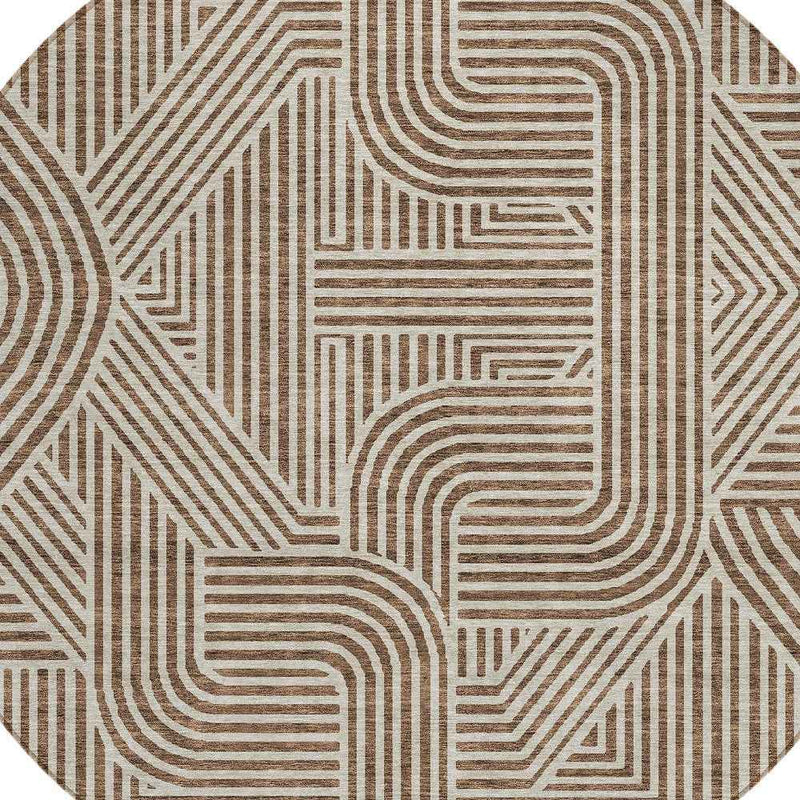 8' Brown And Beige Round Abstract Washable Indoor Outdoor Area Rug