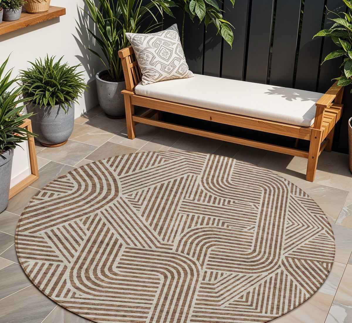 8' Brown And Beige Round Abstract Washable Indoor Outdoor Area Rug
