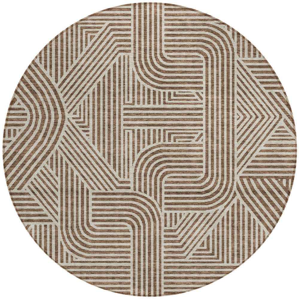 8' Brown And Beige Round Abstract Washable Indoor Outdoor Area Rug
