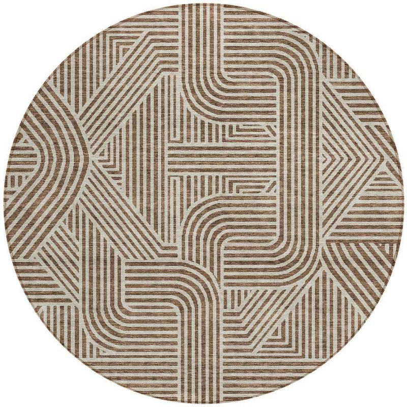 8' Brown And Beige Round Abstract Washable Indoor Outdoor Area Rug