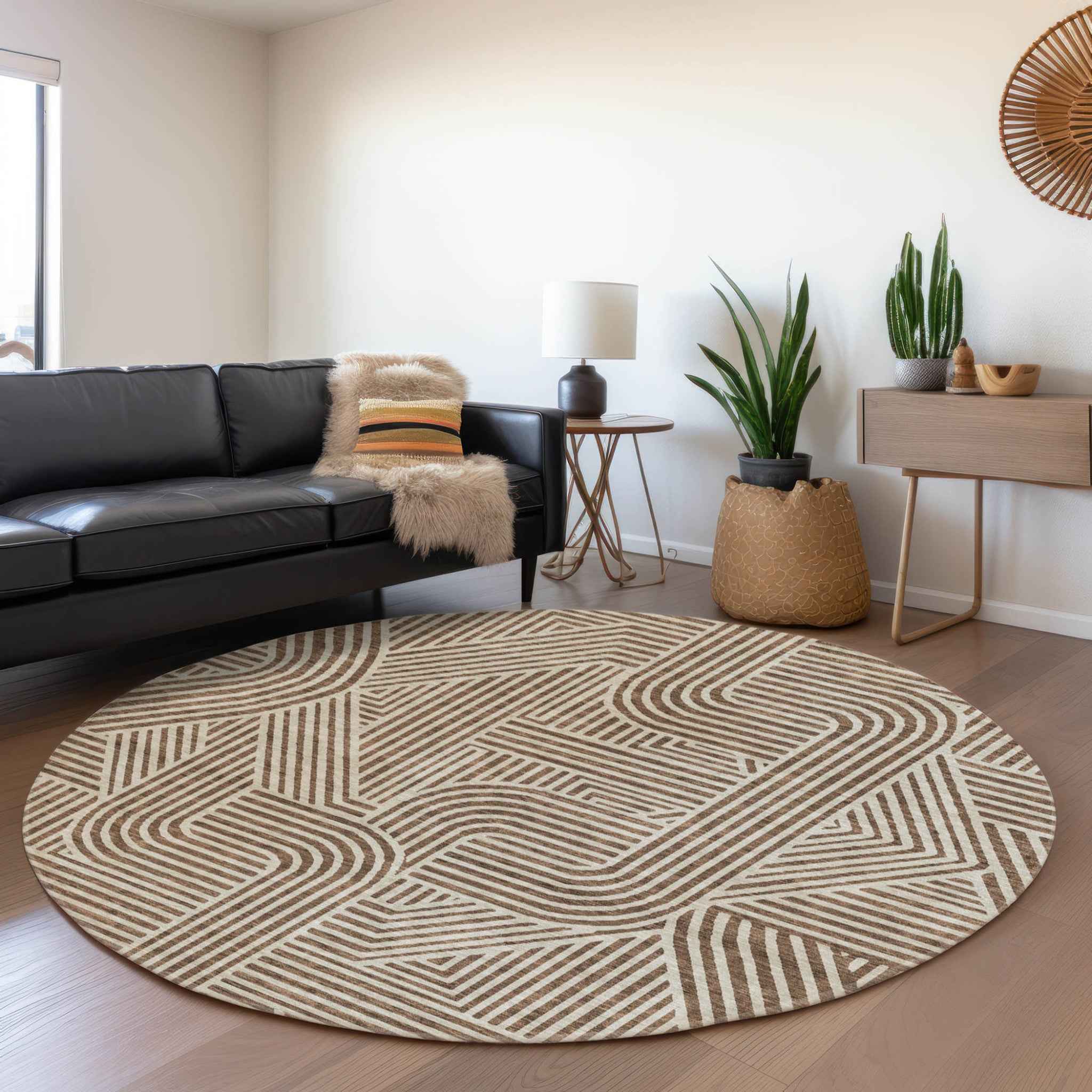 8' Brown And Beige Round Abstract Washable Indoor Outdoor Area Rug