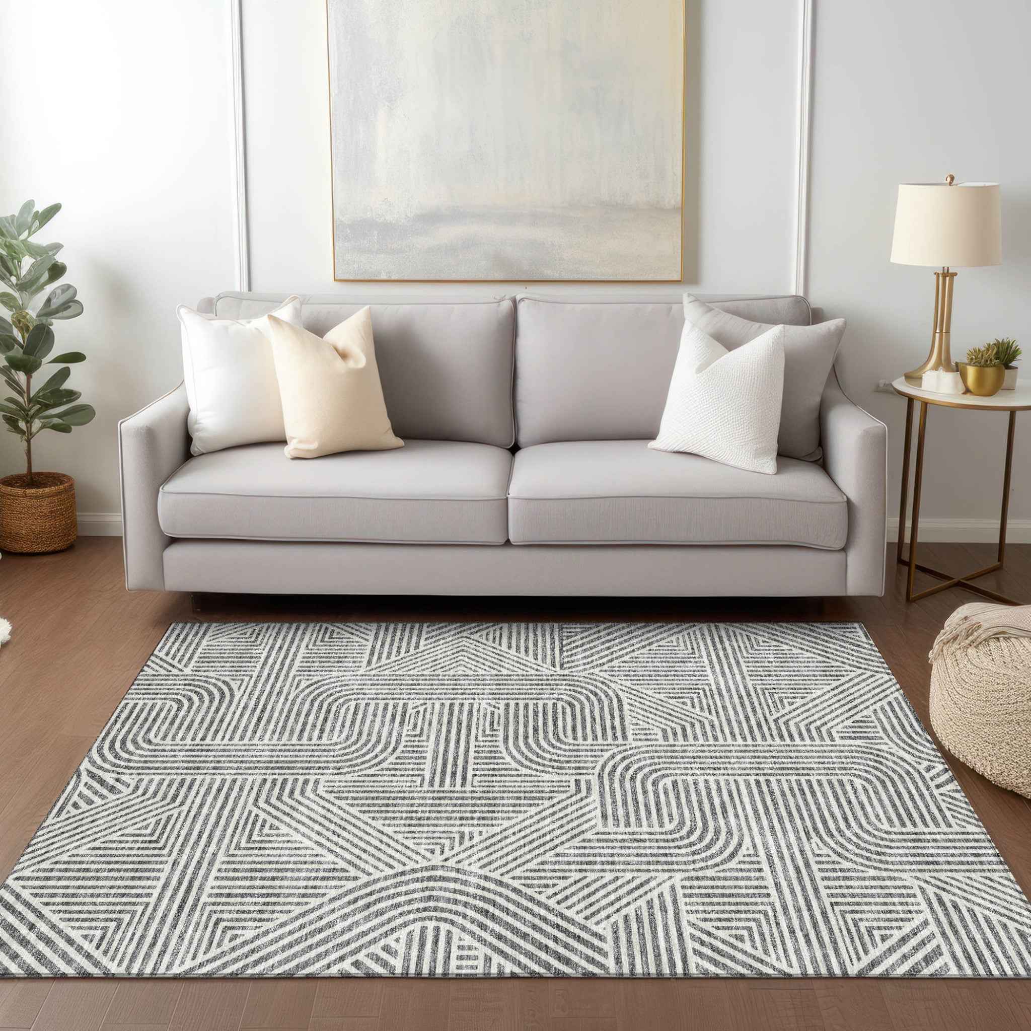 5' X 8' Gray And Ivory Abstract Washable Indoor Outdoor Area Rug