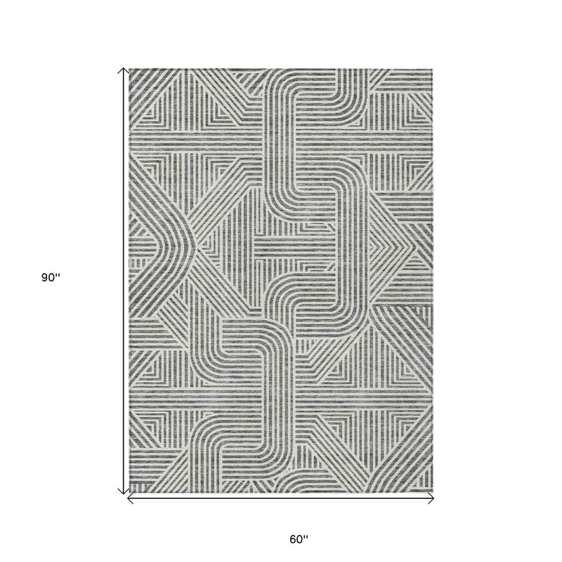 5' X 8' Gray And Ivory Abstract Washable Indoor Outdoor Area Rug
