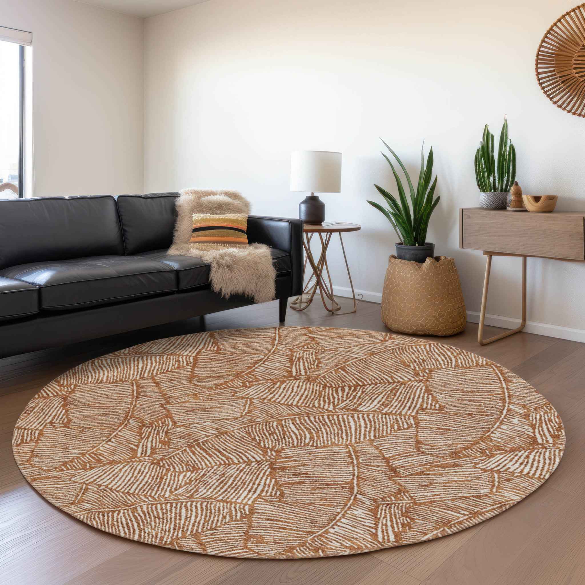 8' Copper And Beige Round Floral Washable Indoor Outdoor Area Rug