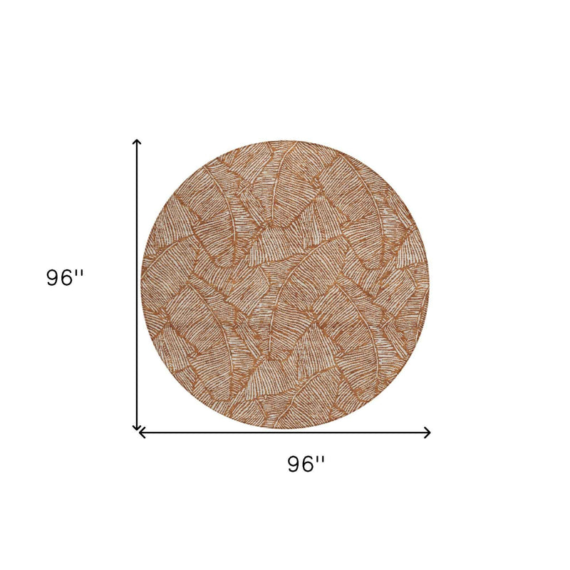 8' Copper And Beige Round Floral Washable Indoor Outdoor Area Rug