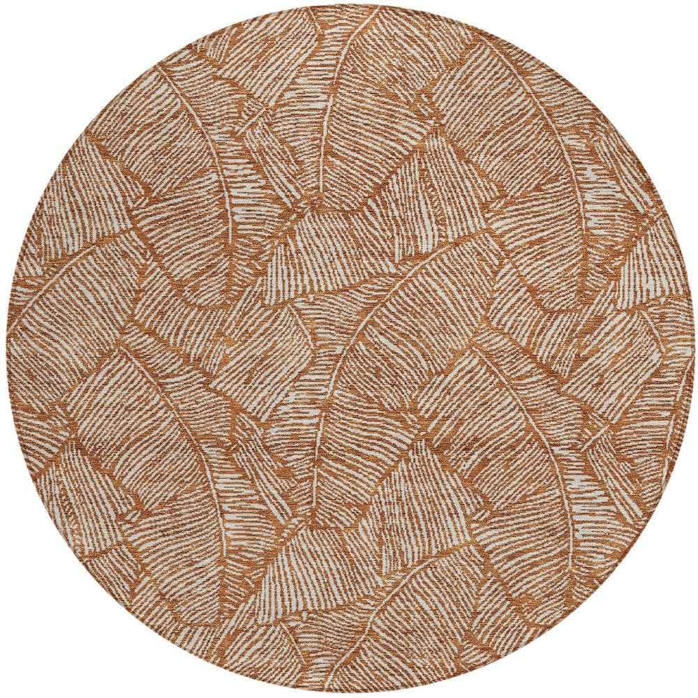 8' Copper And Beige Round Floral Washable Indoor Outdoor Area Rug