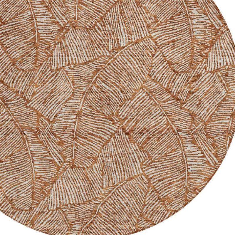 8' Copper And Beige Round Floral Washable Indoor Outdoor Area Rug