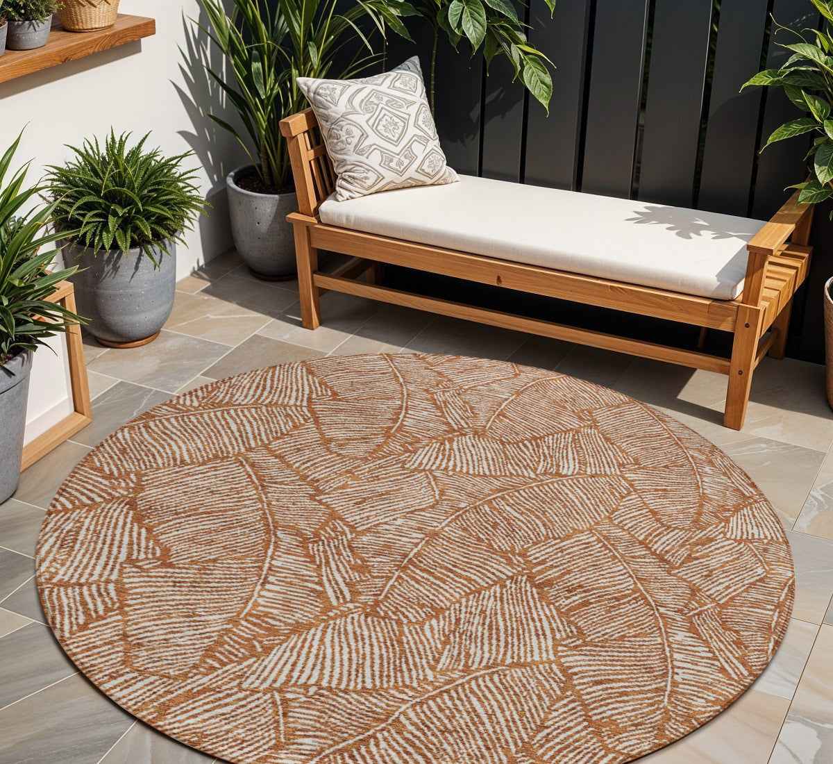 8' Copper And Beige Round Floral Washable Indoor Outdoor Area Rug