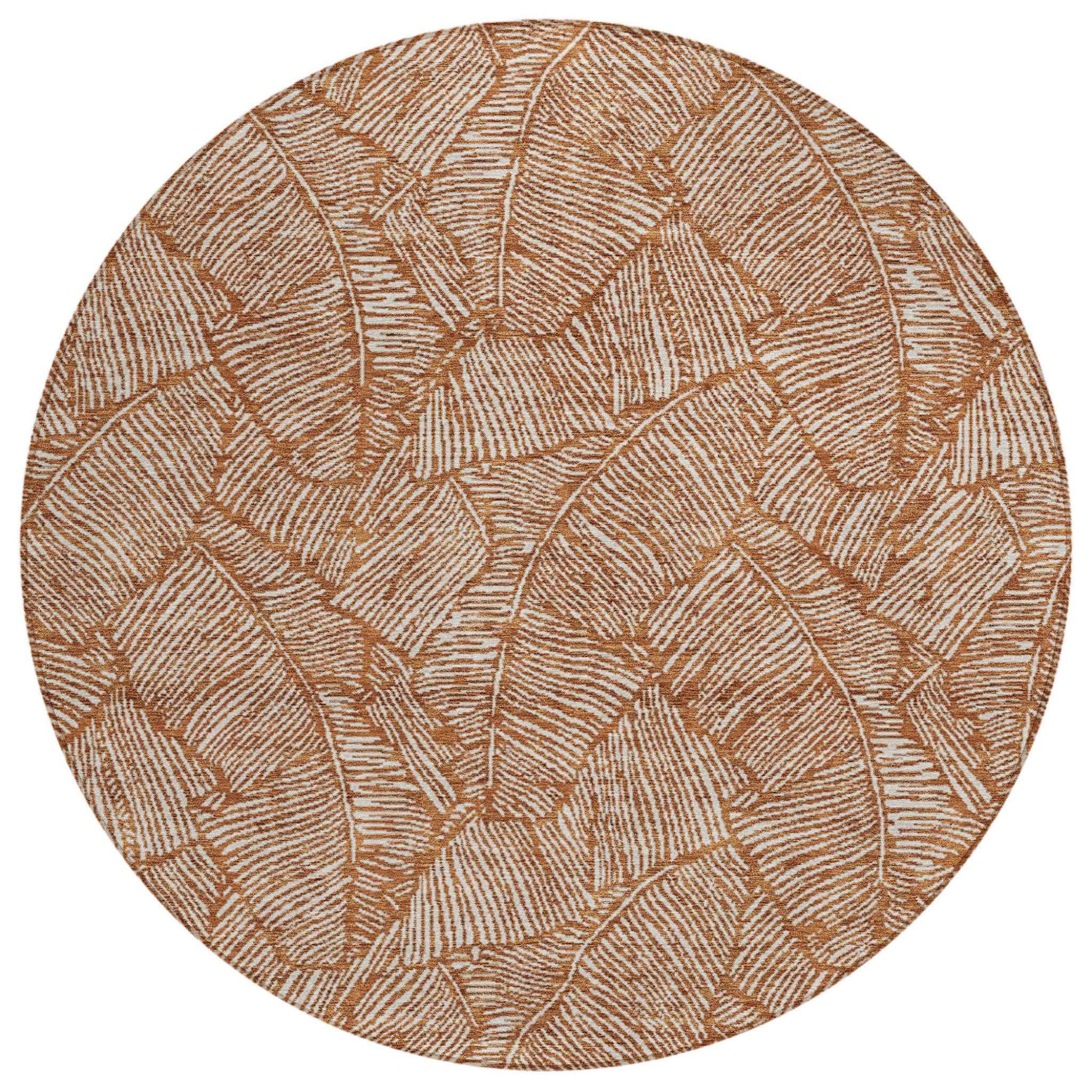 8' Copper And Beige Round Floral Washable Indoor Outdoor Area Rug
