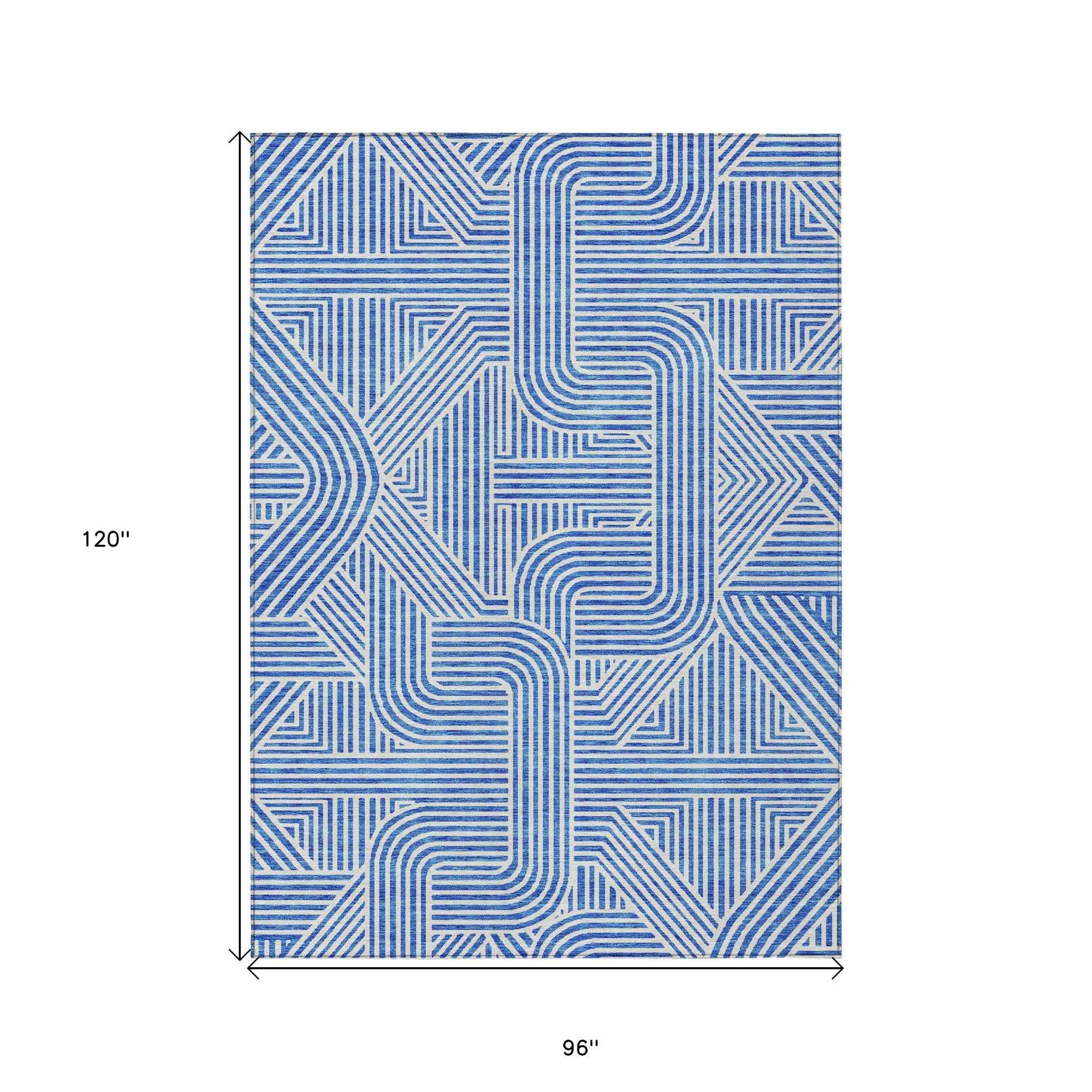 8' X 10' Blue And Ivory Abstract Washable Indoor Outdoor Area Rug