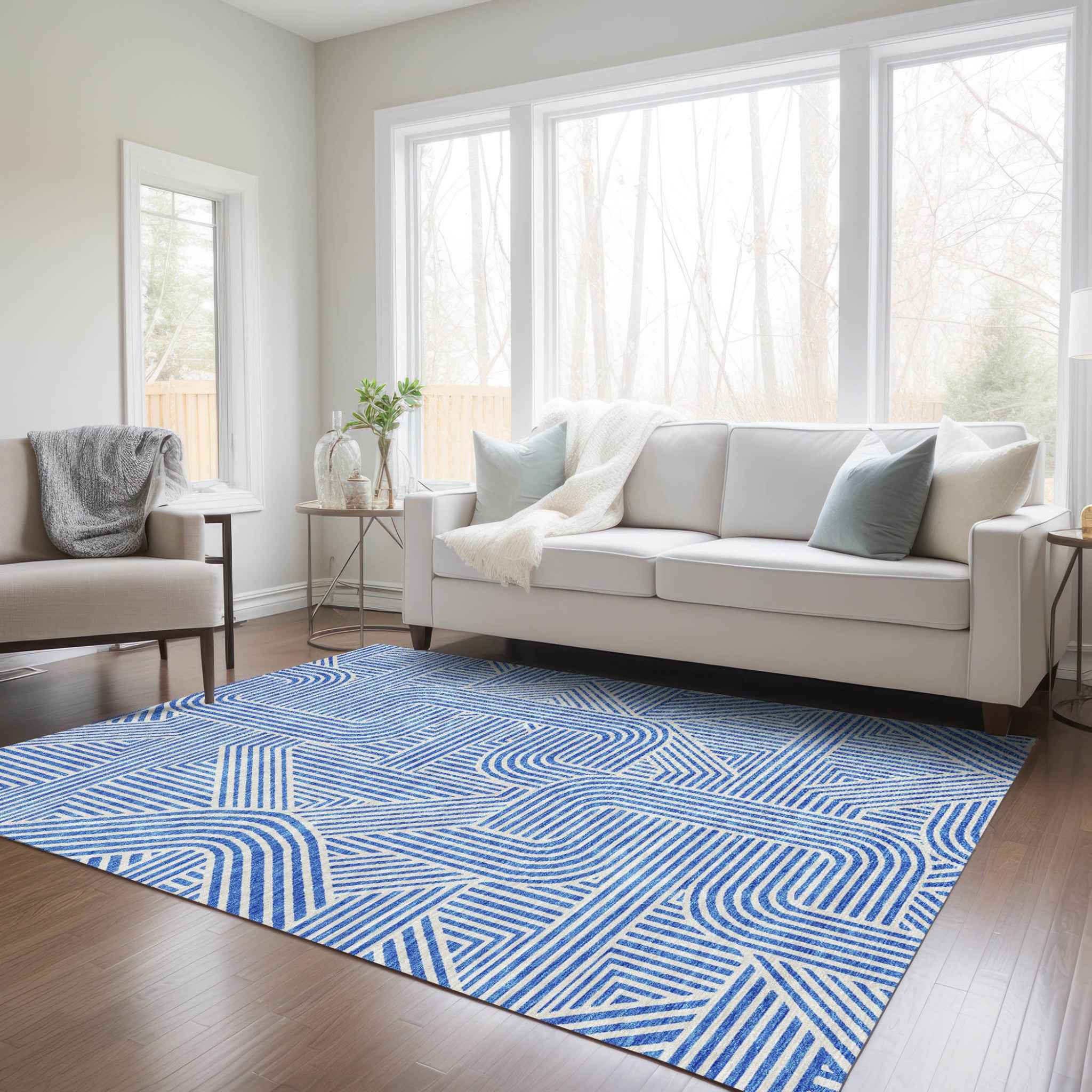 8' X 10' Blue And Ivory Abstract Washable Indoor Outdoor Area Rug