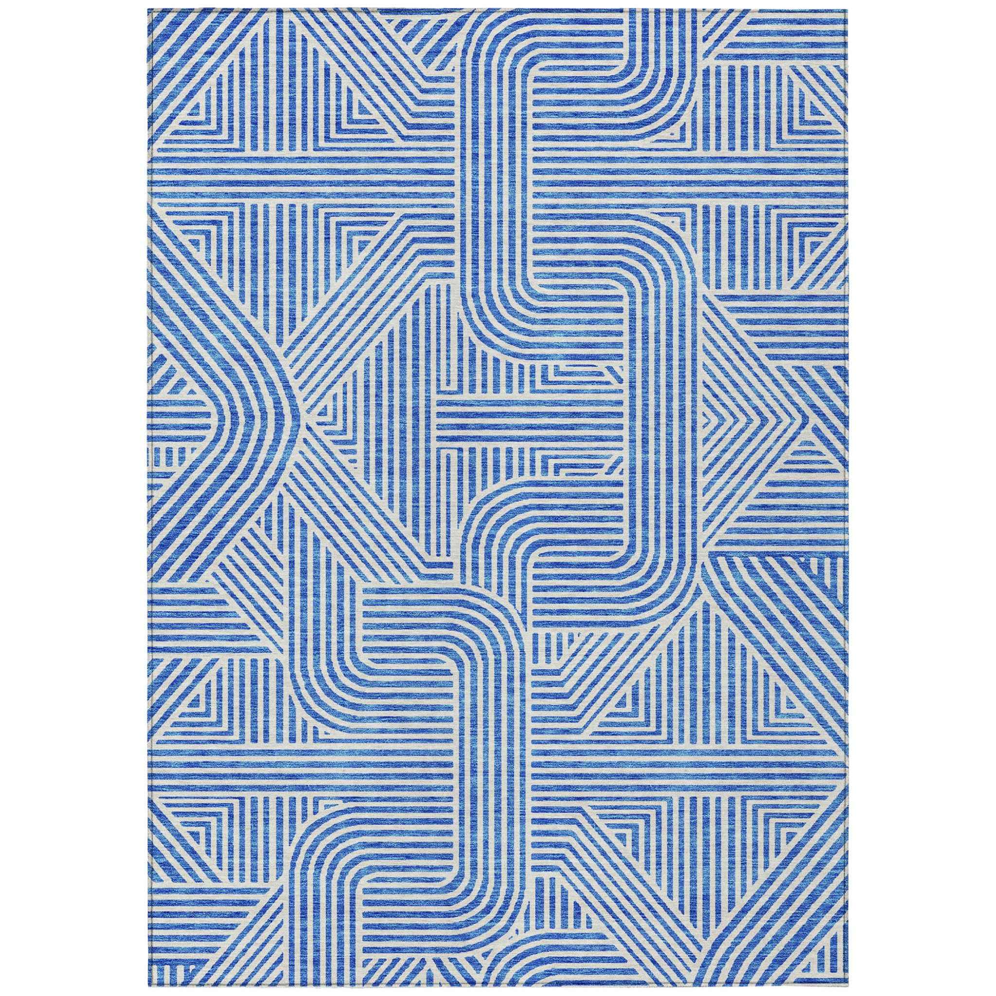 8' X 10' Blue And Ivory Abstract Washable Indoor Outdoor Area Rug