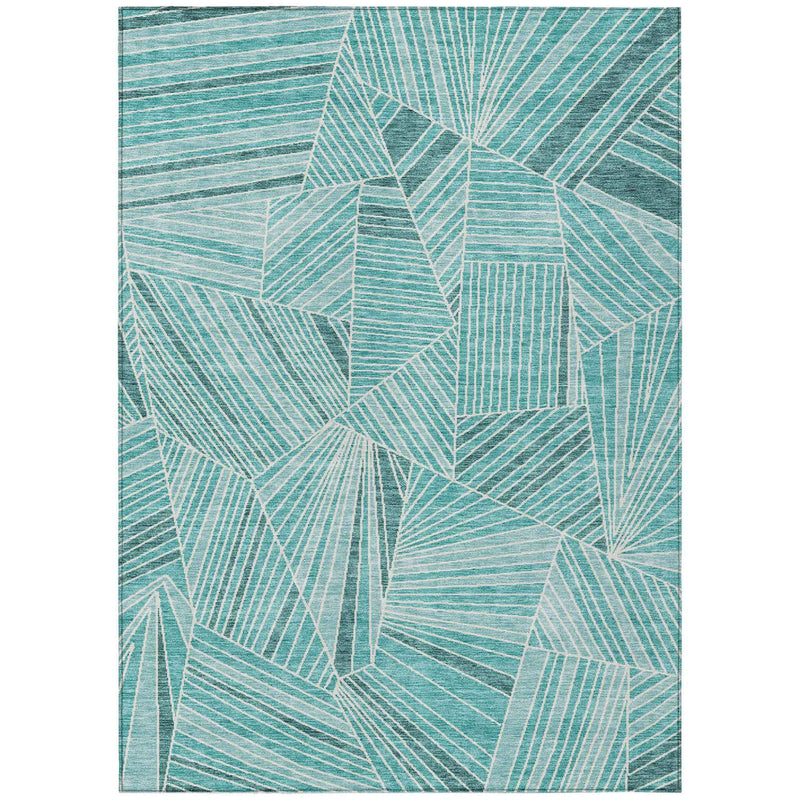 10' X 14' Teal Blue And Ivory Geometric Washable Indoor Outdoor Area Rug
