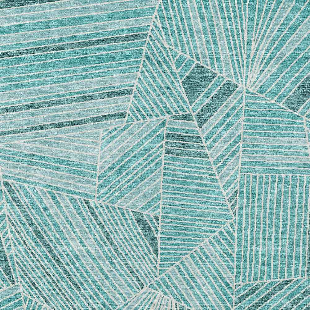 10' X 14' Teal Blue And Ivory Geometric Washable Indoor Outdoor Area Rug