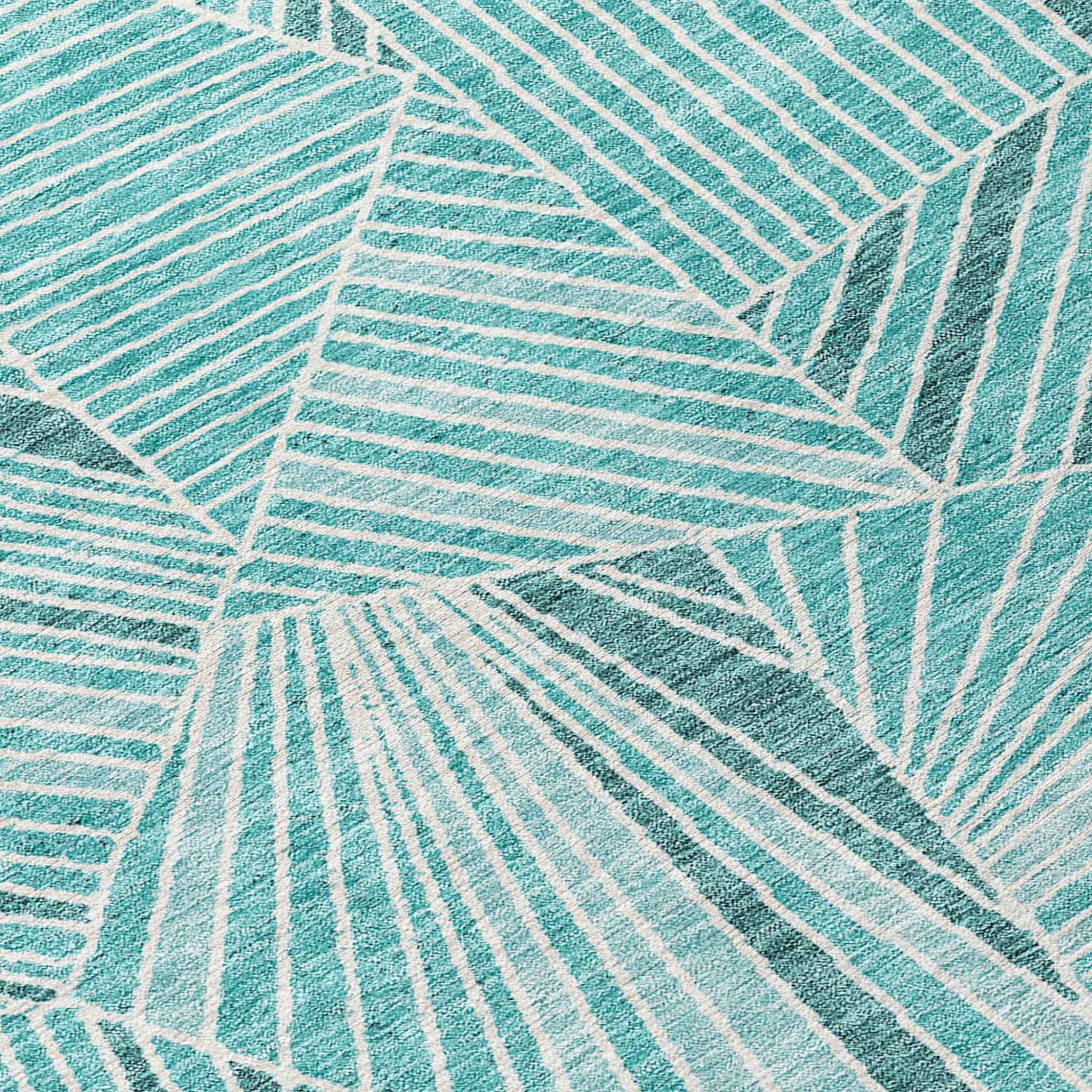 10' X 14' Teal Blue And Ivory Geometric Washable Indoor Outdoor Area Rug