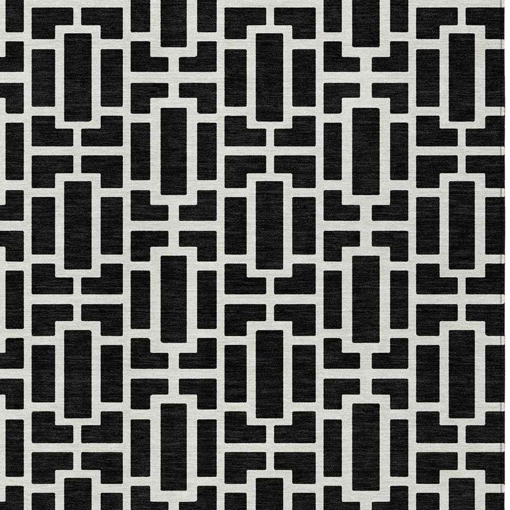 9' X 12' Black And Ivory Geometric Washable Indoor Outdoor Area Rug