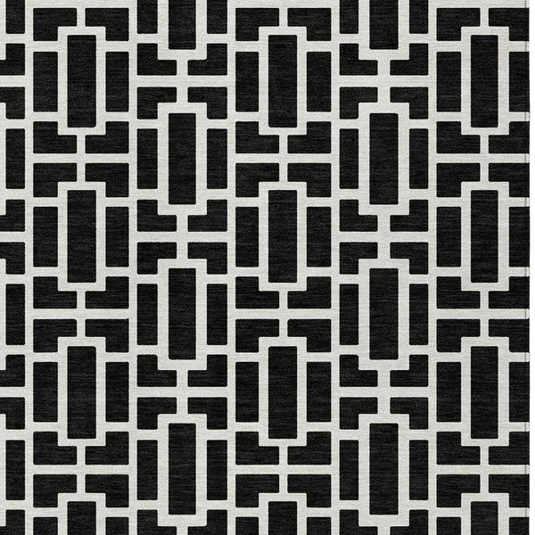 9' X 12' Black And Ivory Geometric Washable Indoor Outdoor Area Rug