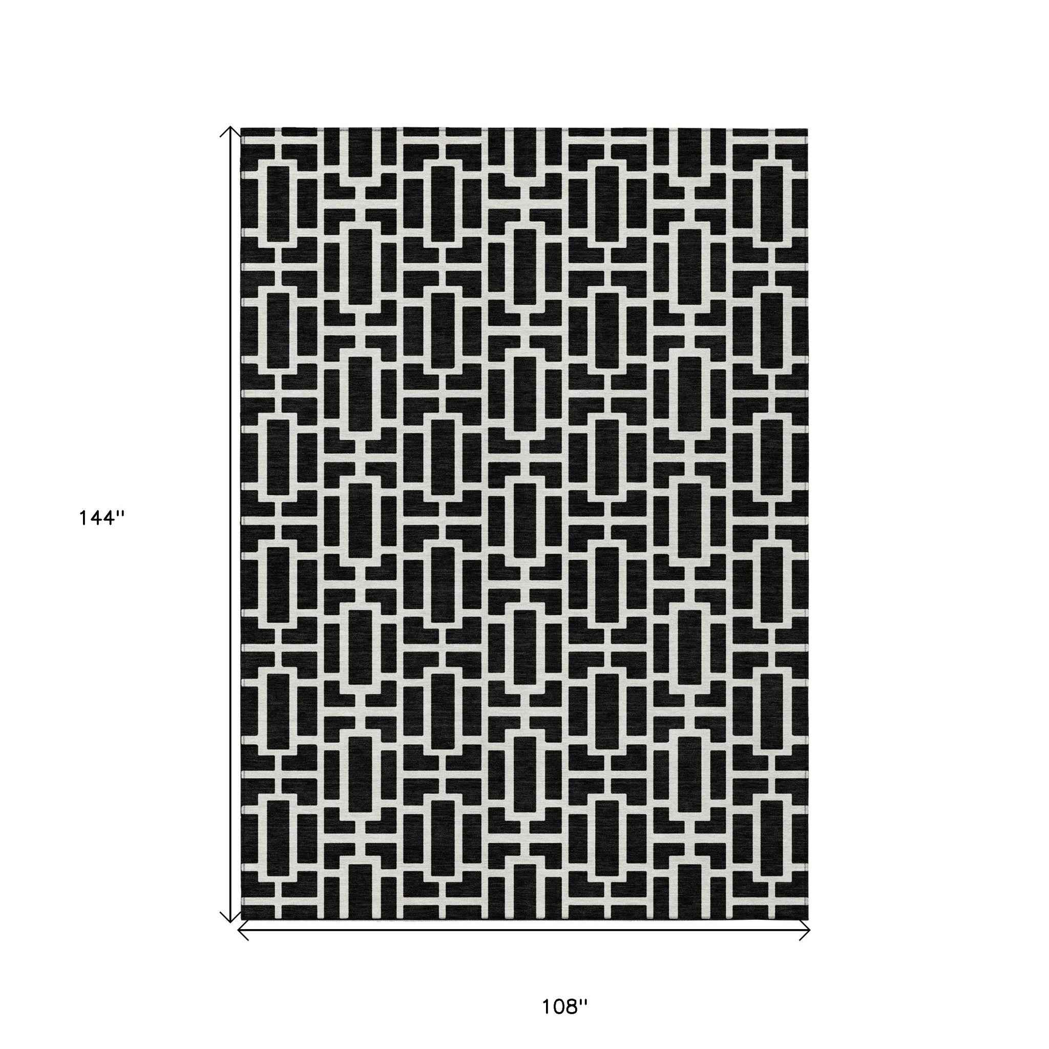 9' X 12' Black And Ivory Geometric Washable Indoor Outdoor Area Rug