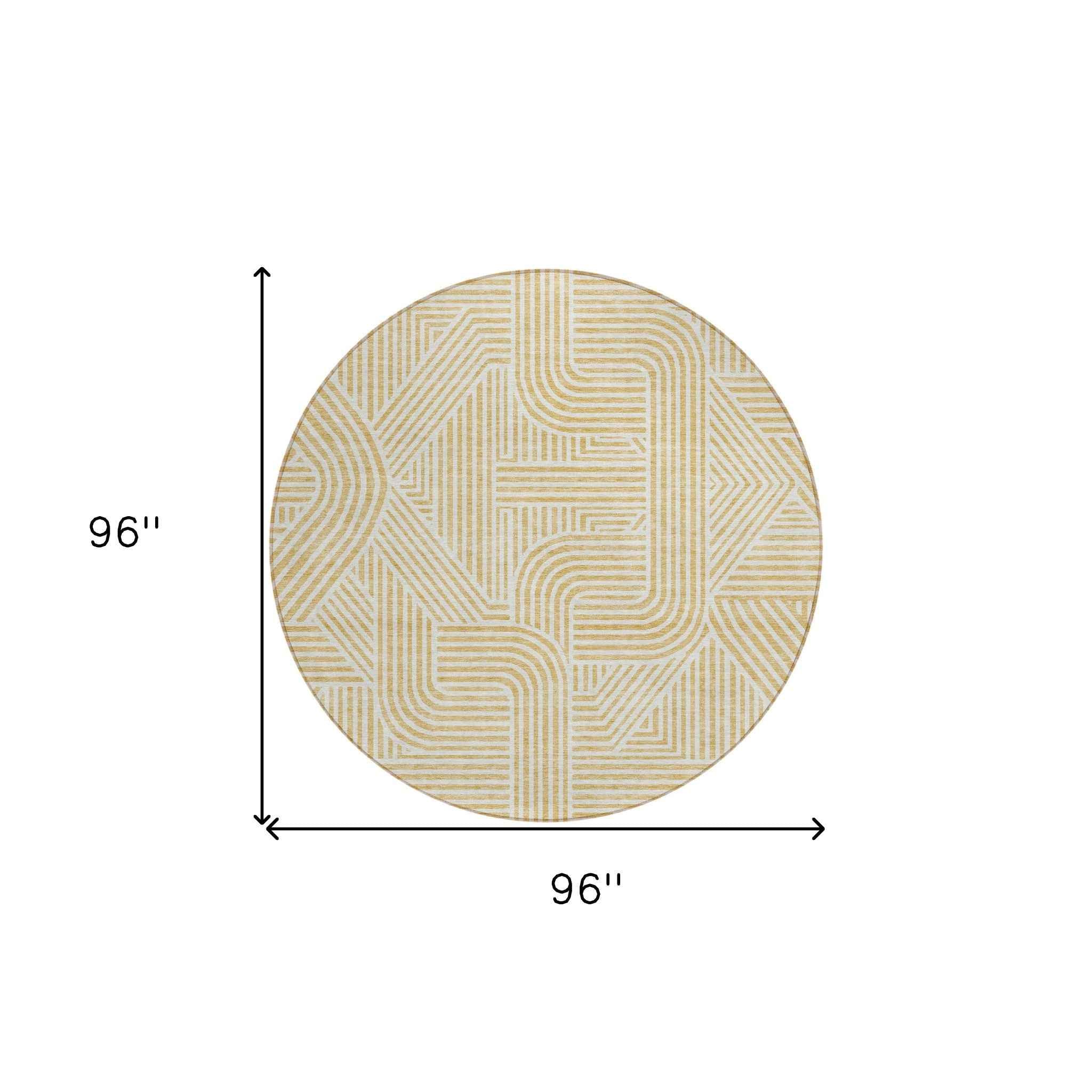 8' Gold And Beige Round Abstract Washable Indoor Outdoor Area Rug