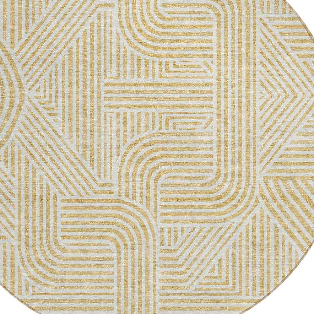 8' Gold And Beige Round Abstract Washable Indoor Outdoor Area Rug
