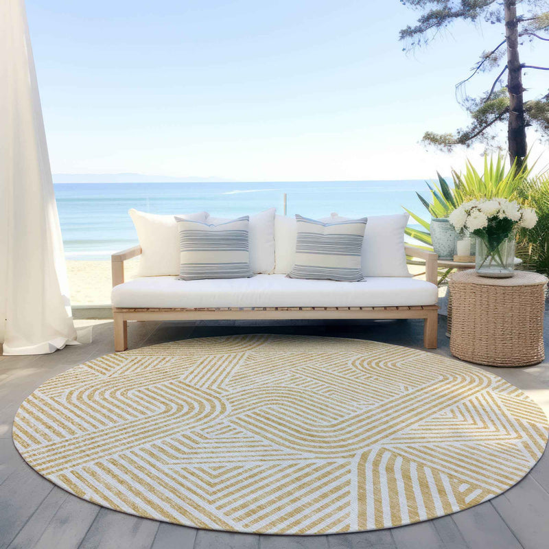 8' Gold And Beige Round Abstract Washable Indoor Outdoor Area Rug