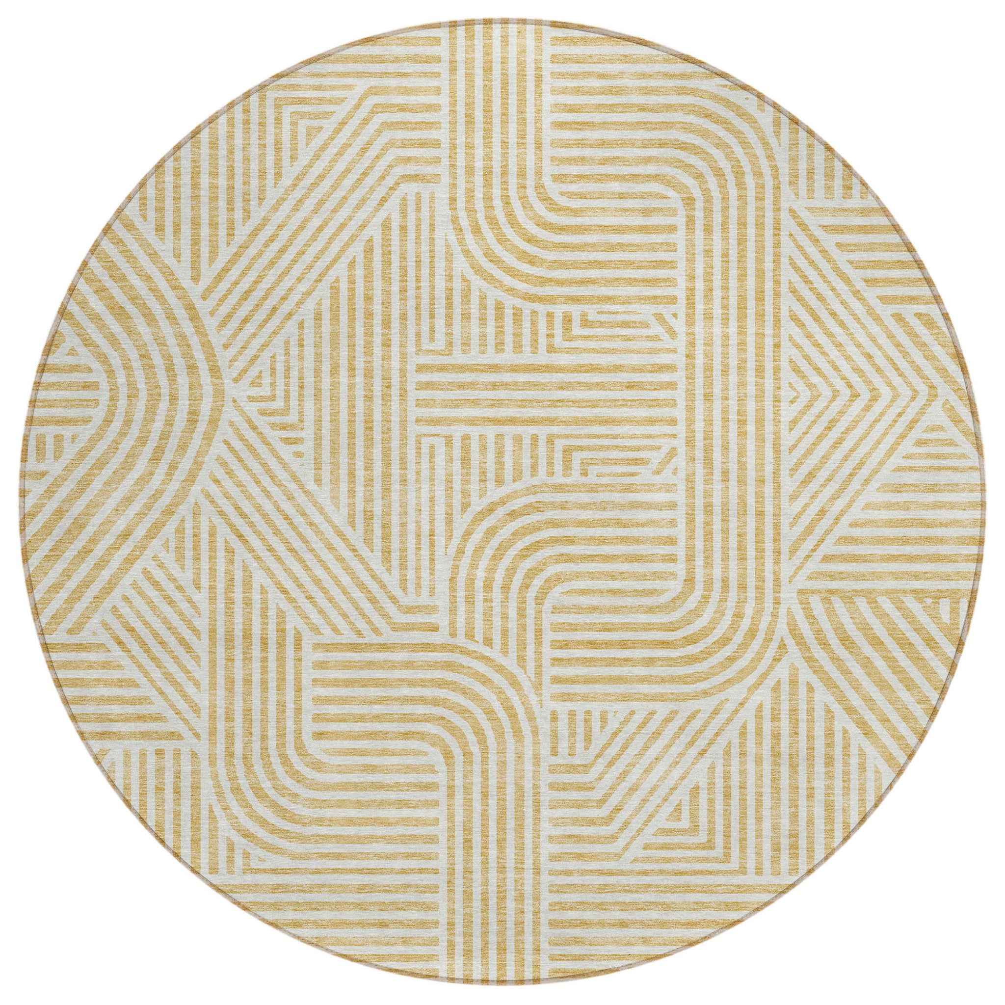 8' Gold And Beige Round Abstract Washable Indoor Outdoor Area Rug