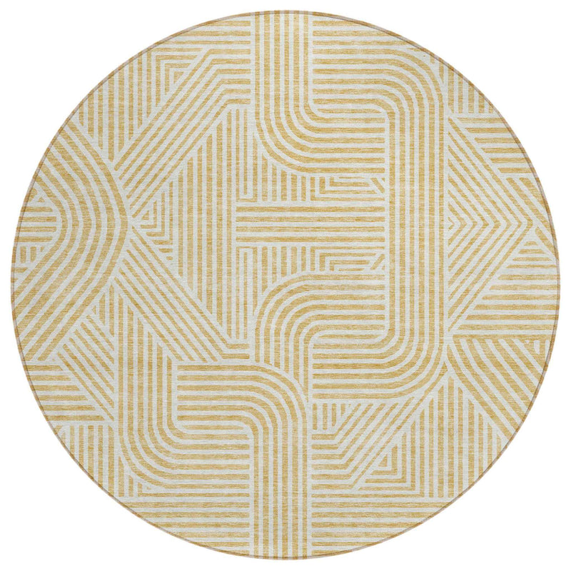 8' Gold And Beige Round Abstract Washable Indoor Outdoor Area Rug