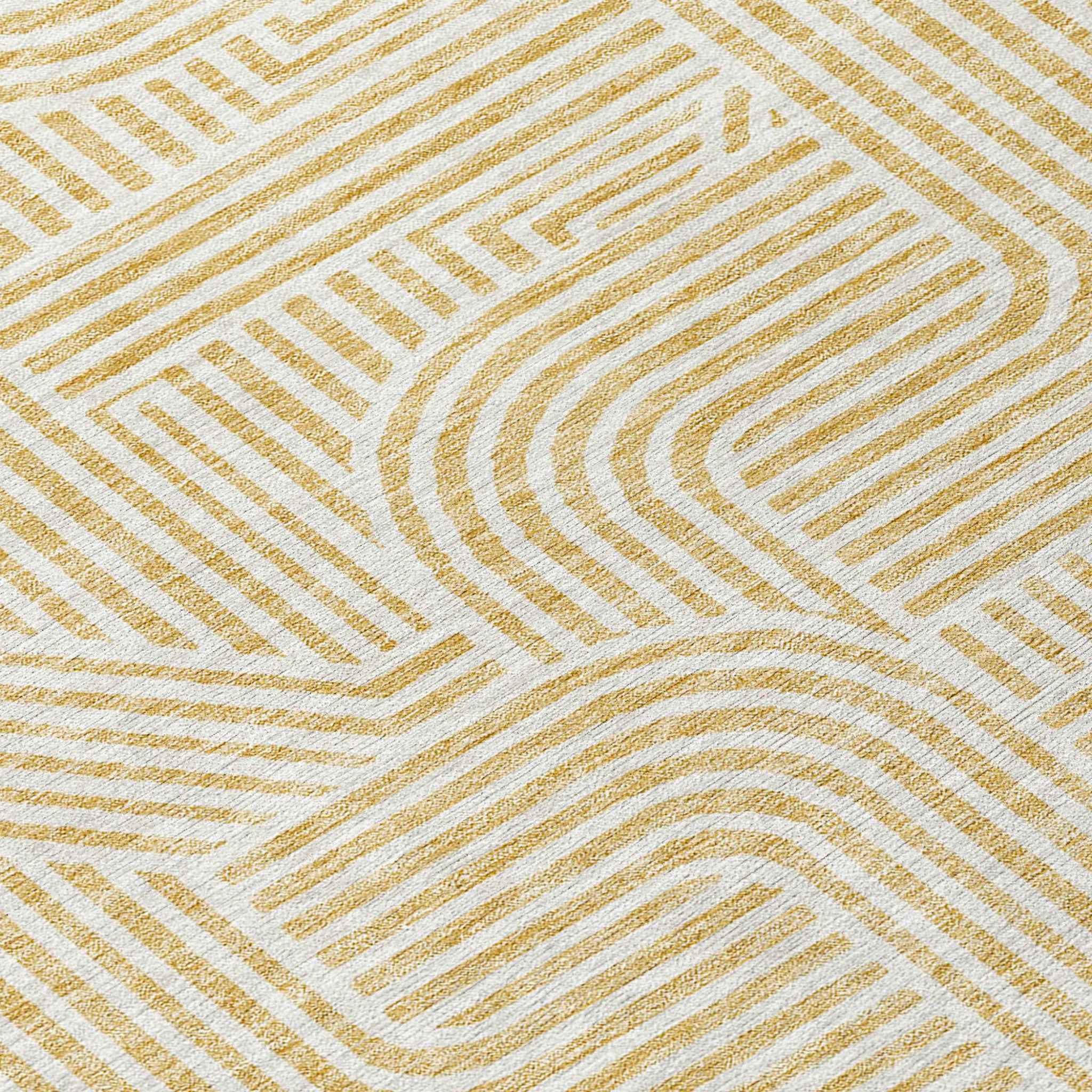 8' Gold And Beige Round Abstract Washable Indoor Outdoor Area Rug