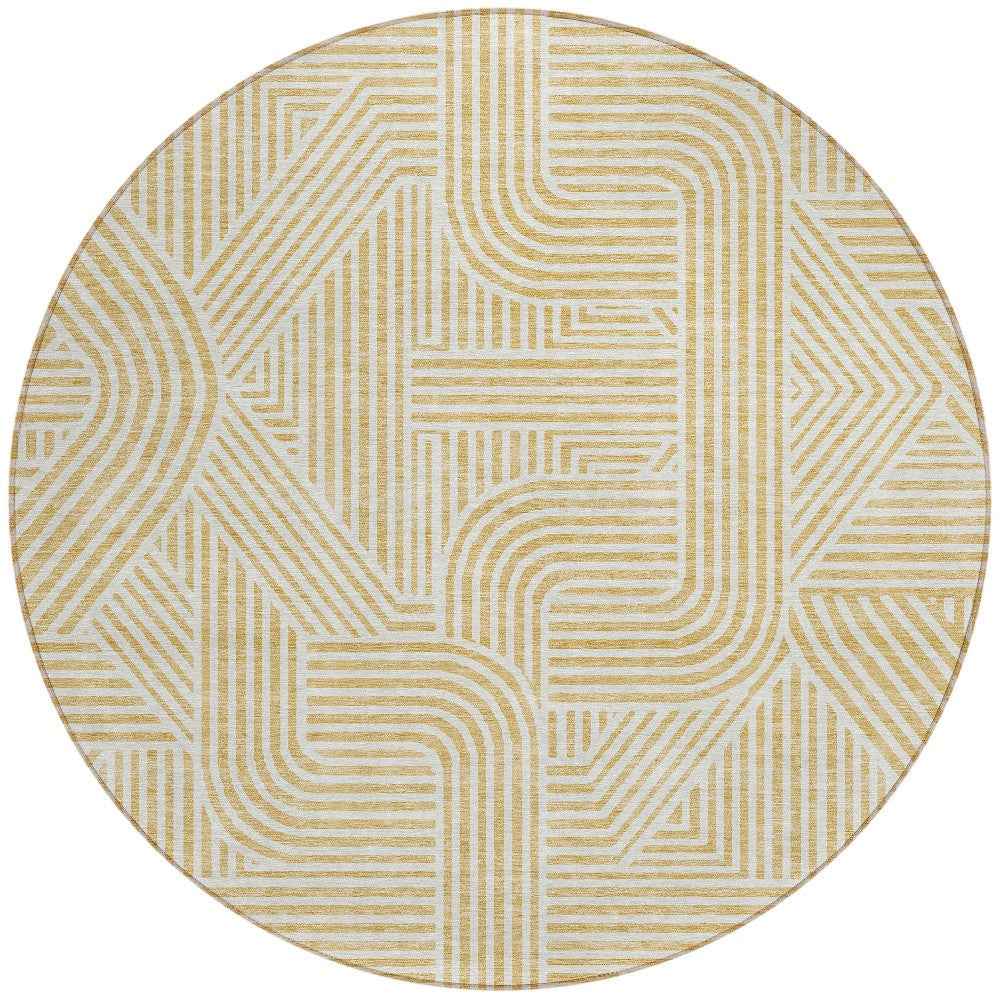 8' Gold And Beige Round Abstract Washable Indoor Outdoor Area Rug