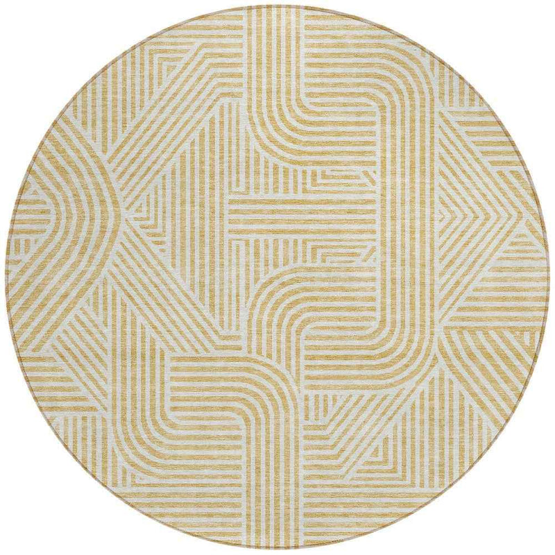 8' Gold And Beige Round Abstract Washable Indoor Outdoor Area Rug