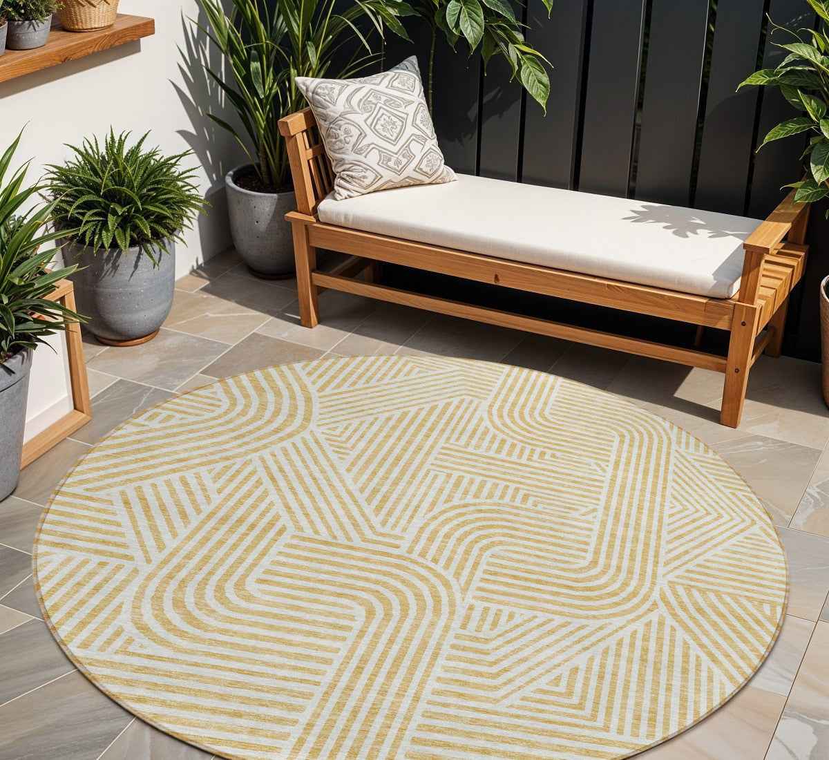 8' Gold And Beige Round Abstract Washable Indoor Outdoor Area Rug