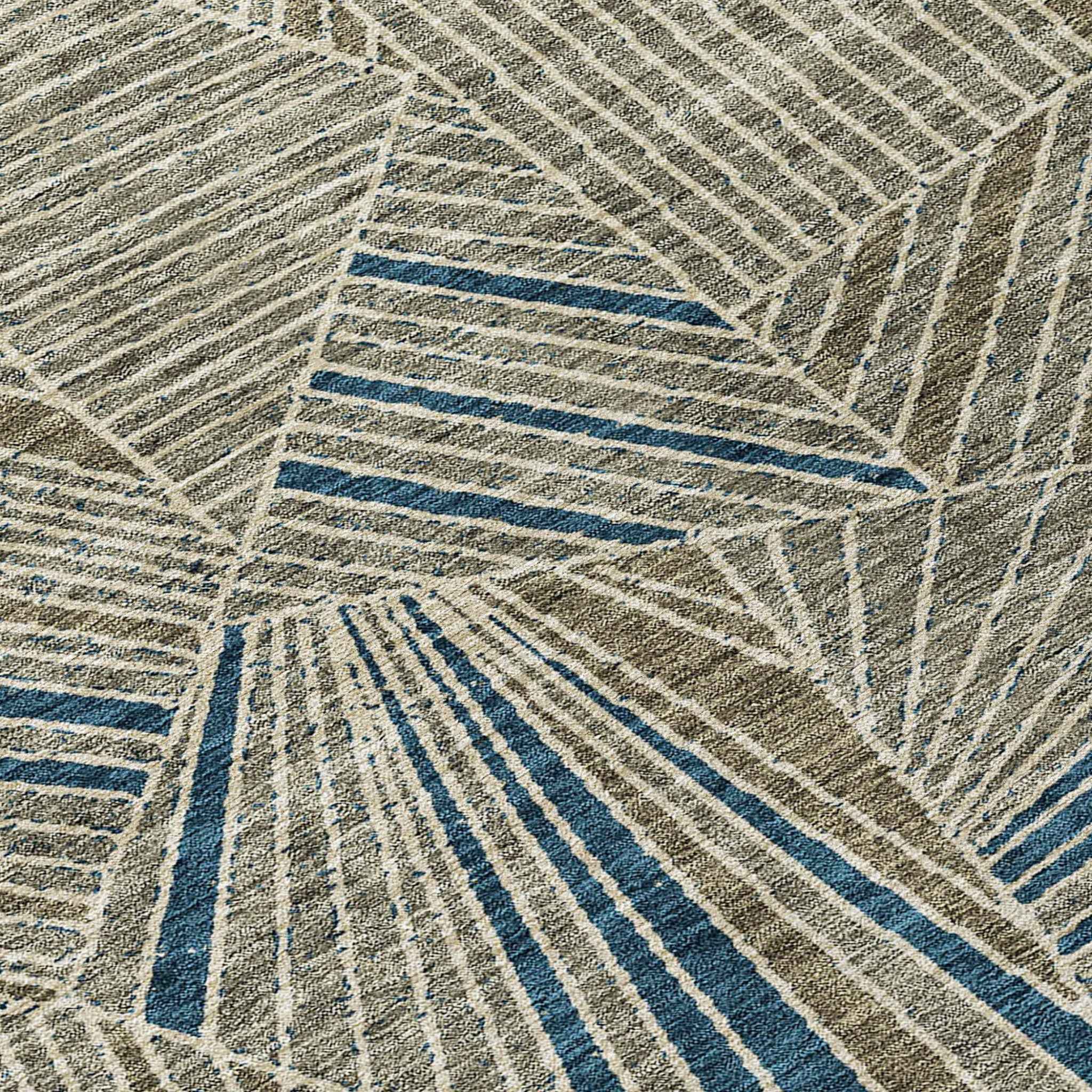 10' X 14' Taupe Blue And Beige Geometric Washable Indoor Outdoor Area Rug