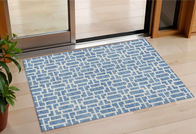 3' X 5' Denim Blue And Ivory Geometric Washable Indoor Outdoor Area Rug